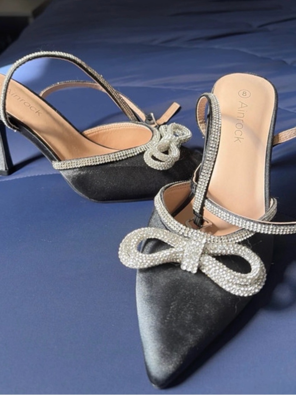 Never Worn Black Pointed-Toe Slingback Heels with Crystal Bow
